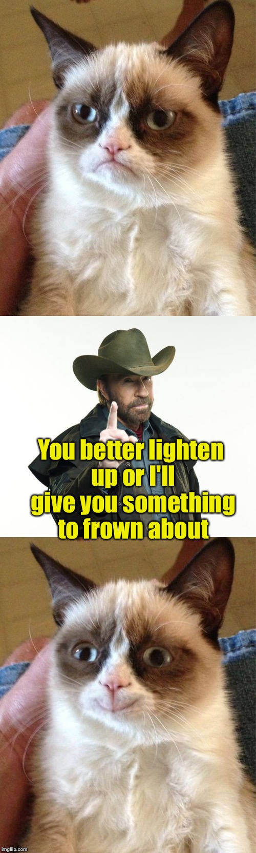 It's all a matter of perspective (Chuck Norris Week) | You better lighten up or I'll give you something to frown about | image tagged in chuck norris week,grumpy cat | made w/ Imgflip meme maker