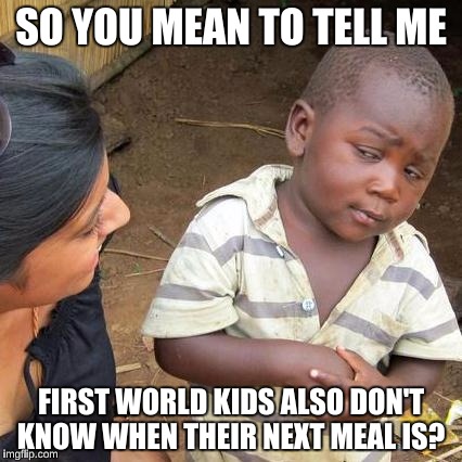 Third World Skeptical Kid Meme | SO YOU MEAN TO TELL ME FIRST WORLD KIDS ALSO DON'T KNOW WHEN THEIR NEXT MEAL IS? | image tagged in memes,third world skeptical kid | made w/ Imgflip meme maker