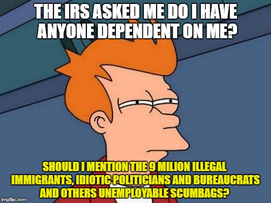 Futurama Fry | THE IRS ASKED ME DO I HAVE ANYONE DEPENDENT ON ME? SHOULD I MENTION THE 9 MILION ILLEGAL IMMIGRANTS, IDIOTIC POLITICIANS AND BUREAUCRATS AND OTHERS UNEMPLOYABLE SCUMBAGS? | image tagged in memes,futurama fry | made w/ Imgflip meme maker
