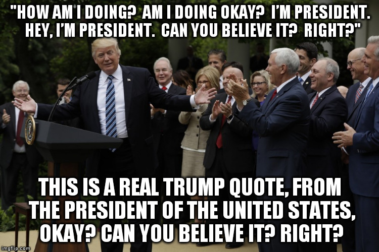 Trump said this in the Rose Garden celebrating the passing of a bill to dismantle the Affordable Health Care Act | "HOW AM I DOING?  AM I DOING OKAY?  I’M PRESIDENT.  HEY, I’M PRESIDENT.  CAN YOU BELIEVE IT?  RIGHT?"; THIS IS A REAL TRUMP QUOTE, FROM THE PRESIDENT OF THE UNITED STATES, OKAY? CAN YOU BELIEVE IT? RIGHT? | image tagged in trump,health care,republicans,humor,politics,sad | made w/ Imgflip meme maker