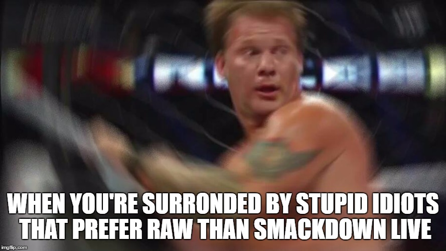 Chris Jericho Stupid Idiots | WHEN YOU'RE SURRONDED BY STUPID IDIOTS THAT PREFER RAW THAN SMACKDOWN LIVE | image tagged in chris jericho stupid idiots | made w/ Imgflip meme maker