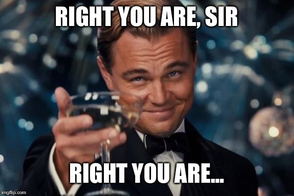 Leonardo Dicaprio Cheers Meme | RIGHT YOU ARE, SIR RIGHT YOU ARE... | image tagged in memes,leonardo dicaprio cheers | made w/ Imgflip meme maker