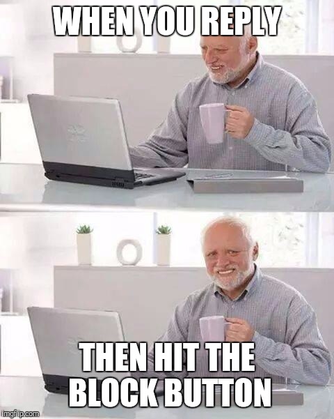 Hide the Pain Harold | WHEN YOU REPLY; THEN HIT THE BLOCK BUTTON | image tagged in memes,hide the pain harold | made w/ Imgflip meme maker