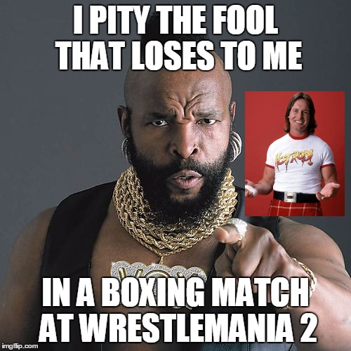 Mr T Pity The Fool Meme | I PITY THE FOOL THAT LOSES TO ME; IN A BOXING MATCH AT WRESTLEMANIA 2 | image tagged in memes,mr t pity the fool | made w/ Imgflip meme maker