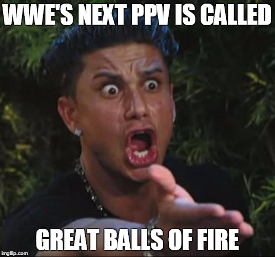 DJ Pauly D Meme | WWE'S NEXT PPV IS CALLED; GREAT BALLS OF FIRE | image tagged in memes,dj pauly d | made w/ Imgflip meme maker