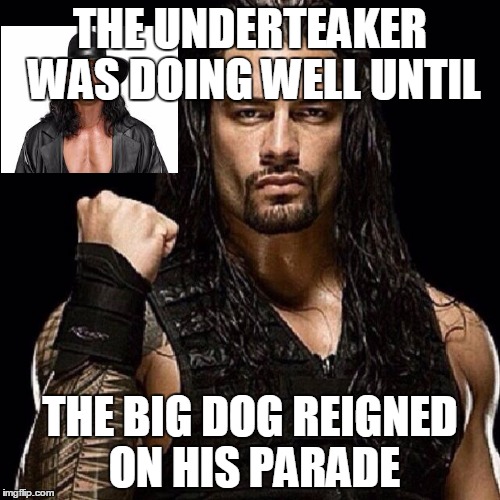 Roman Reigns | THE UNDERTEAKER WAS DOING WELL UNTIL; THE BIG DOG REIGNED ON HIS PARADE | image tagged in roman reigns | made w/ Imgflip meme maker