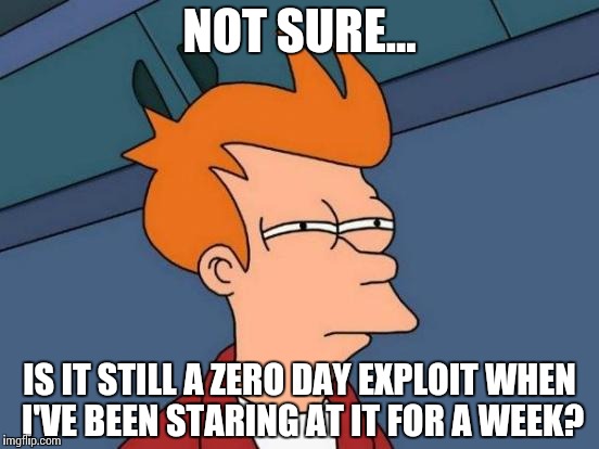 InfoSec Problems | NOT SURE... IS IT STILL A ZERO DAY EXPLOIT WHEN I'VE BEEN STARING AT IT FOR A WEEK? | image tagged in memes,futurama fry,funny,infosec,counting | made w/ Imgflip meme maker