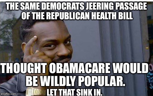 Logic thinker | THE SAME DEMOCRATS JEERING PASSAGE OF THE REPUBLICAN HEALTH BILL; THOUGHT OBAMACARE WOULD BE WILDLY POPULAR. LET THAT SINK IN. | image tagged in logic thinker,obamacare,ahca | made w/ Imgflip meme maker