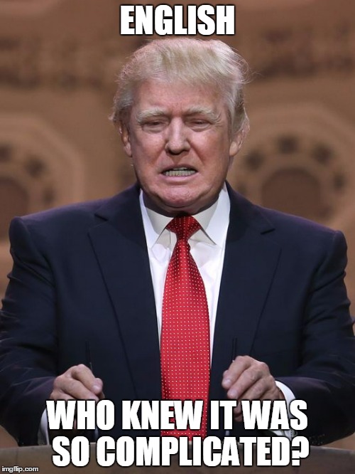 Donald Trump | ENGLISH; WHO KNEW IT WAS SO COMPLICATED? | image tagged in donald trump | made w/ Imgflip meme maker