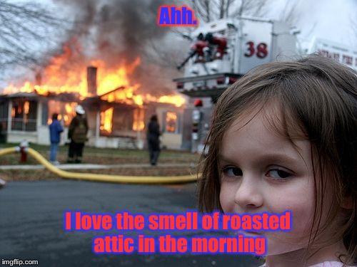 Disaster Girl | Ahh. I love the smell of roasted attic in the morning | image tagged in memes,disaster girl | made w/ Imgflip meme maker