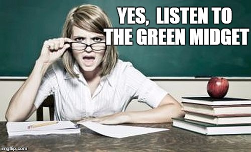 teacher | YES,  LISTEN TO THE GREEN MIDGET | image tagged in teacher | made w/ Imgflip meme maker