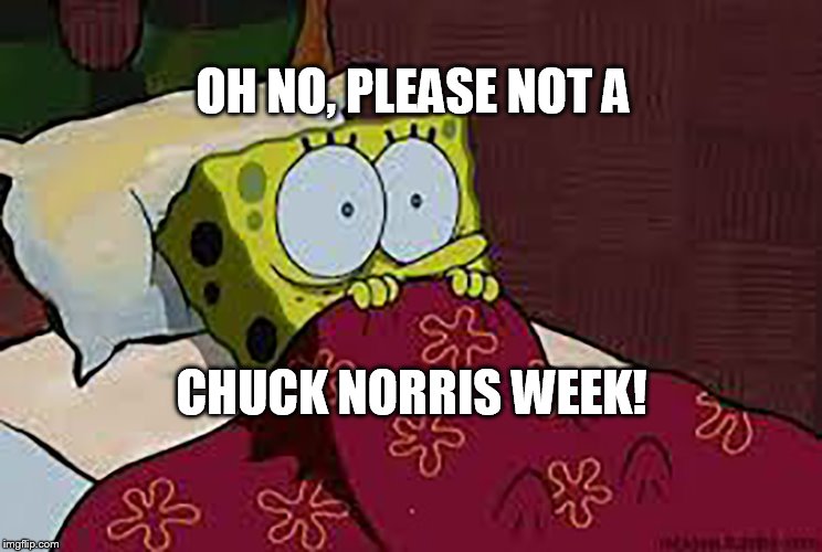 Scared Sponge Bob |  OH NO, PLEASE NOT A; CHUCK NORRIS WEEK! | image tagged in scared sponge bob | made w/ Imgflip meme maker