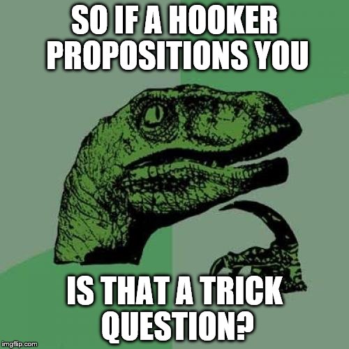 Philosoraptor Meme | SO IF A HOOKER PROPOSITIONS YOU; IS THAT A TRICK QUESTION? | image tagged in memes,philosoraptor | made w/ Imgflip meme maker