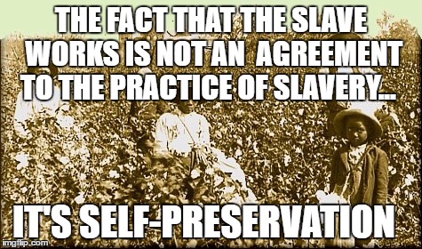 cotton slaves | THE FACT THAT THE SLAVE WORKS IS NOT AN  AGREEMENT TO THE PRACTICE OF SLAVERY... IT'S SELF-PRESERVATION | image tagged in cotton slaves | made w/ Imgflip meme maker