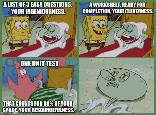 School | A WORKSHEET, READY FOR COMPLETION, YOUR CLEVERNESS. A LIST OF 3 EASY QUESTIONS, YOUR INGENIOUSNESS. ONE UNIT TEST; THAT COUNTS FOR 80% OF YOUR GRADE, YOUR RESOURCEFULNESS. | image tagged in school,spongebob | made w/ Imgflip meme maker