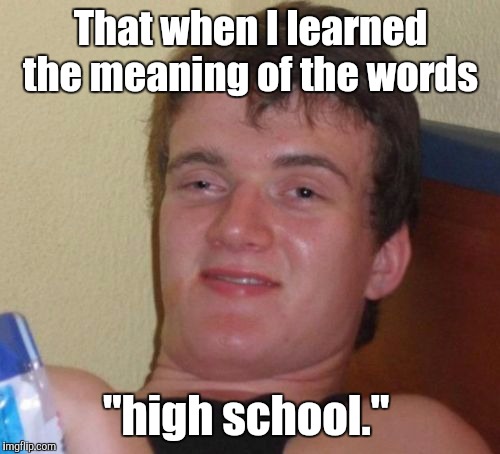10 Guy Meme | That when I learned the meaning of the words "high school." | image tagged in memes,10 guy | made w/ Imgflip meme maker