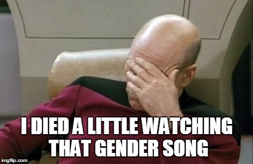 Captain Picard Facepalm Meme | I DIED A LITTLE WATCHING THAT GENDER SONG | image tagged in memes,captain picard facepalm | made w/ Imgflip meme maker