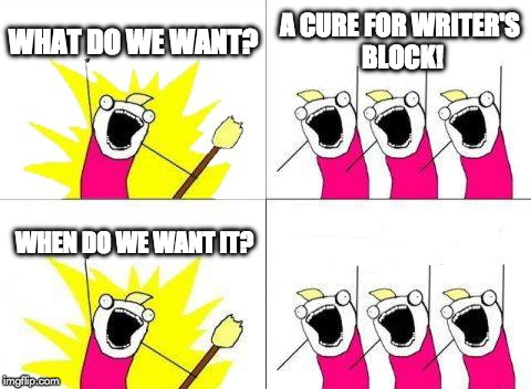 What Do We Want Meme | WHAT DO WE WANT? A CURE FOR WRITER'S BLOCK! WHEN DO WE WANT IT? | image tagged in memes,what do we want | made w/ Imgflip meme maker