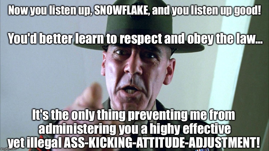 Listen up, SNOWFLAKE | Now you listen up, SNOWFLAKE, and you listen up good! You'd better learn to respect and obey the law... It's the only thing preventing me from administering you a highy effective yet illegal ASS-KICKING-ATTITUDE-ADJUSTMENT! | image tagged in listen up,snowflake | made w/ Imgflip meme maker