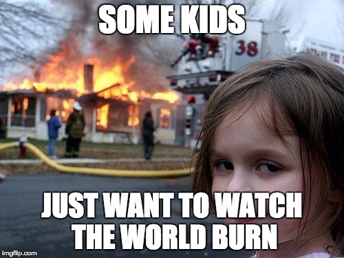 Disaster Girl | SOME KIDS; JUST WANT TO WATCH THE WORLD BURN | image tagged in memes,disaster girl | made w/ Imgflip meme maker