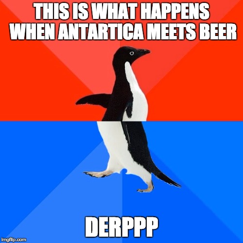 Socially Awesome Awkward Penguin Meme | THIS IS WHAT HAPPENS WHEN ANTARTICA MEETS BEER; DERPPP | image tagged in memes,socially awesome awkward penguin | made w/ Imgflip meme maker