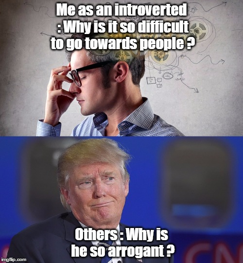 Introverted thinking vs others | Me as an introverted : Why is it so difficult to go towards people ? Others : Why is he so arrogant ? | image tagged in introvert,tags | made w/ Imgflip meme maker