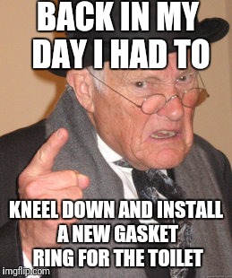Back In My Day Meme | BACK IN MY DAY I HAD TO KNEEL DOWN AND INSTALL A NEW GASKET RING FOR THE TOILET | image tagged in memes,back in my day | made w/ Imgflip meme maker