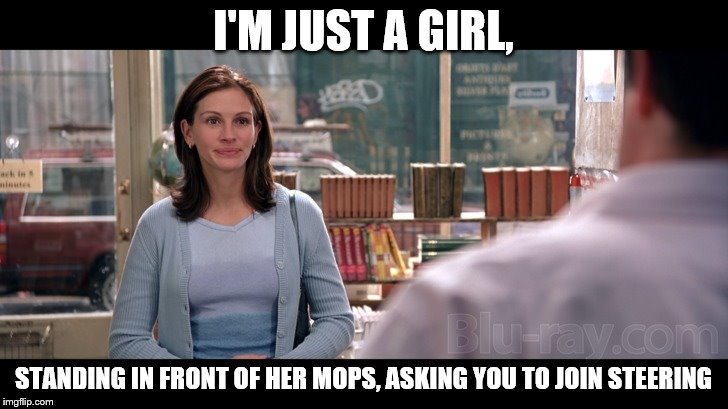 notting hill | I'M JUST A GIRL, STANDING IN FRONT OF HER MOPS, ASKING YOU TO JOIN STEERING | image tagged in notting hill | made w/ Imgflip meme maker