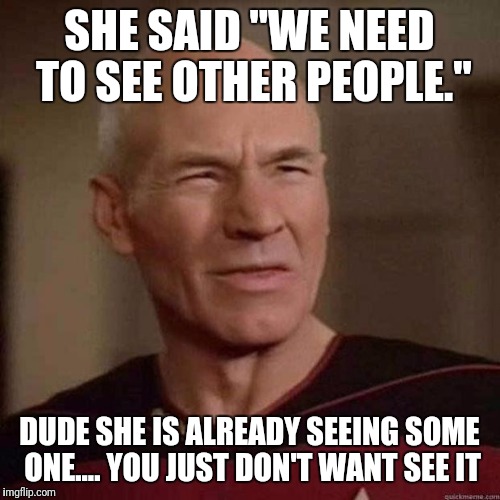 Dafuq Picard | SHE SAID "WE NEED TO SEE OTHER PEOPLE."; DUDE SHE IS ALREADY SEEING SOME ONE.... YOU JUST DON'T WANT SEE IT | image tagged in dafuq picard,memes,funny cat memes,break ups,cheaters | made w/ Imgflip meme maker