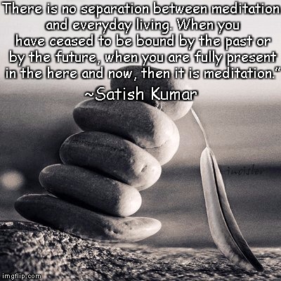 Balance | There is no separation between meditation and everyday living. When you have ceased to be bound by the past or by the future, when you are fully present in the here and now, then it is meditation.”; ~Satish Kumar | image tagged in satish kumar,meditation,past present future,enlightenment,peace | made w/ Imgflip meme maker