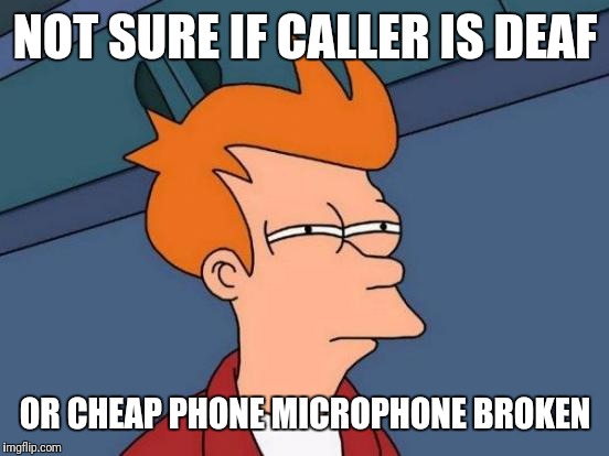 Futurama Fry Meme | NOT SURE IF CALLER IS DEAF OR CHEAP PHONE MICROPHONE BROKEN | image tagged in memes,futurama fry | made w/ Imgflip meme maker
