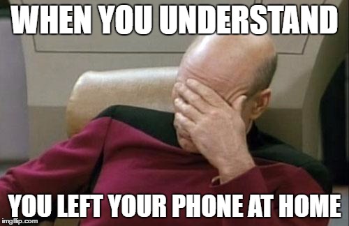 Captain Picard Facepalm | WHEN YOU UNDERSTAND; YOU LEFT YOUR PHONE AT HOME | image tagged in memes,captain picard facepalm | made w/ Imgflip meme maker