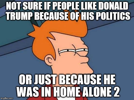 Futurama Fry | NOT SURE IF PEOPLE LIKE DONALD TRUMP BECAUSE OF HIS POLITICS; OR JUST BECAUSE HE WAS IN HOME ALONE 2 | image tagged in memes,futurama fry | made w/ Imgflip meme maker