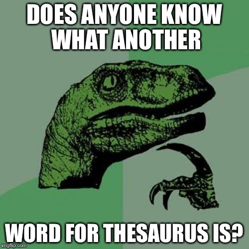 Philosoraptor Meme | DOES ANYONE KNOW WHAT ANOTHER; WORD FOR THESAURUS IS? | image tagged in memes,philosoraptor | made w/ Imgflip meme maker