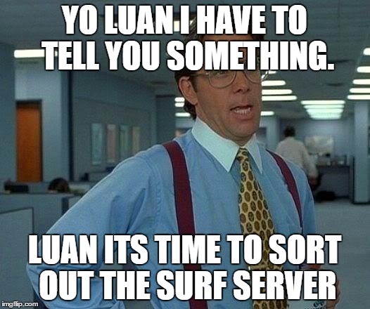 That Would Be Great Meme | YO LUAN I HAVE TO TELL YOU SOMETHING. LUAN ITS TIME TO SORT OUT THE SURF SERVER | image tagged in memes,that would be great | made w/ Imgflip meme maker