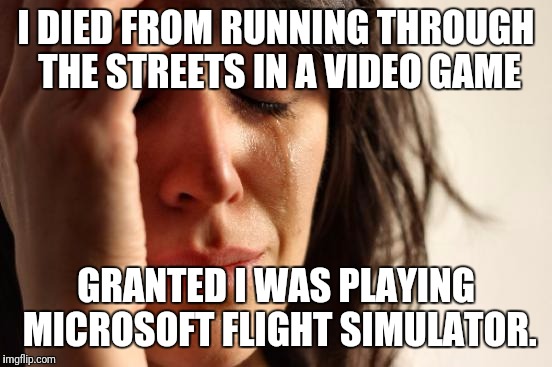 Above the planet on a wing and a prayer. | I DIED FROM RUNNING THROUGH THE STREETS IN A VIDEO GAME; GRANTED I WAS PLAYING MICROSOFT FLIGHT SIMULATOR. | image tagged in memes,first world problems | made w/ Imgflip meme maker
