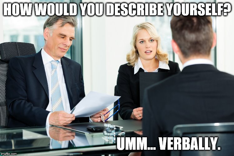 job interview | HOW WOULD YOU DESCRIBE YOURSELF? UMM... VERBALLY. | image tagged in job interview | made w/ Imgflip meme maker