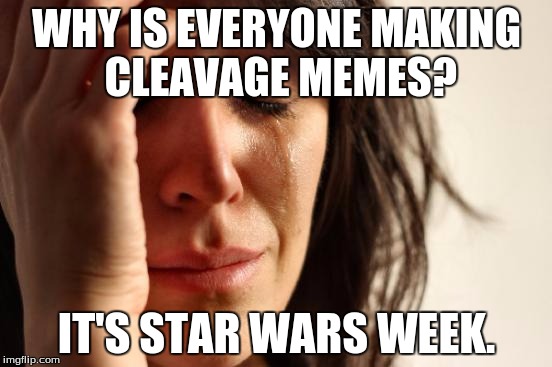 First World Problems | WHY IS EVERYONE MAKING CLEAVAGE MEMES? IT'S STAR WARS WEEK. | image tagged in memes,first world problems | made w/ Imgflip meme maker