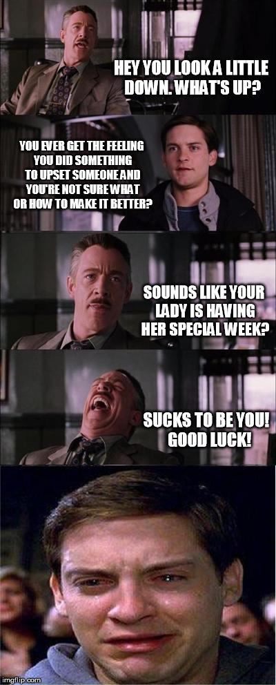 That time of the month. | HEY YOU LOOK A LITTLE DOWN. WHAT'S UP? YOU EVER GET THE FEELING YOU DID SOMETHING TO UPSET SOMEONE AND YOU'RE NOT SURE WHAT OR HOW TO MAKE IT BETTER? SOUNDS LIKE YOUR LADY IS HAVING HER SPECIAL WEEK? SUCKS TO BE YOU!  GOOD LUCK! | image tagged in memes,peter parker cry | made w/ Imgflip meme maker