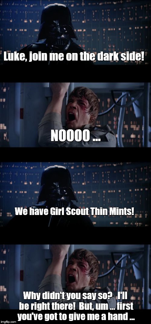 Luke, join me on the dark side! Why didn't you say so?   I'll be right there!  But, um ... first you've got to give me a hand ... NOOOO ...  | made w/ Imgflip meme maker