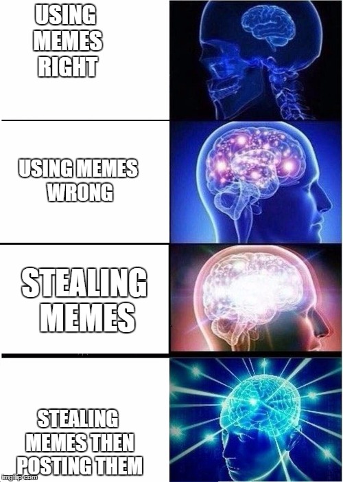Expanding Brain Meme | USING MEMES RIGHT; USING MEMES WRONG; STEALING MEMES; STEALING MEMES THEN POSTING THEM | image tagged in expanding brain | made w/ Imgflip meme maker