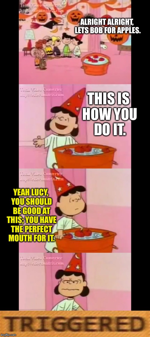 Well then | ALRIGHT ALRIGHT, LETS BOB FOR APPLES. THIS IS HOW YOU DO IT. YEAH LUCY, YOU SHOULD BE GOOD AT THIS; YOU HAVE THE PERFECT MOUTH FOR IT. | image tagged in memes,triggered,peanuts | made w/ Imgflip meme maker