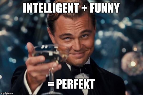 Leonardo Dicaprio Cheers Meme | INTELLIGENT + FUNNY = PERFEKT | image tagged in memes,leonardo dicaprio cheers | made w/ Imgflip meme maker