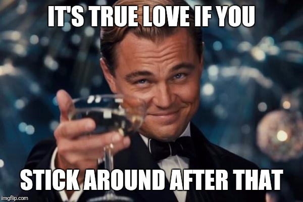 Leonardo Dicaprio Cheers Meme | IT'S TRUE LOVE IF YOU STICK AROUND AFTER THAT | image tagged in memes,leonardo dicaprio cheers | made w/ Imgflip meme maker