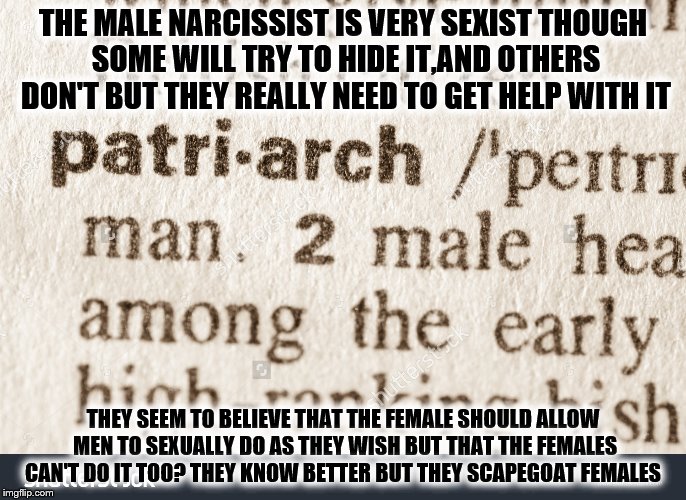 male narx | THE MALE NARCISSIST IS VERY SEXIST THOUGH SOME WILL TRY TO HIDE IT,AND OTHERS DON'T BUT THEY REALLY NEED TO GET HELP WITH IT; THEY SEEM TO BELIEVE THAT THE FEMALE SHOULD ALLOW MEN TO SEXUALLY DO AS THEY WISH BUT THAT THE FEMALES CAN'T DO IT TOO? THEY KNOW BETTER BUT THEY SCAPEGOAT FEMALES | image tagged in male narx | made w/ Imgflip meme maker