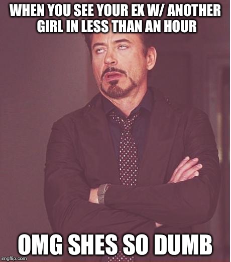 Face You Make Robert Downey Jr Meme | WHEN YOU SEE YOUR EX W/ ANOTHER GIRL IN LESS THAN AN HOUR; OMG SHES SO DUMB | image tagged in memes,face you make robert downey jr | made w/ Imgflip meme maker