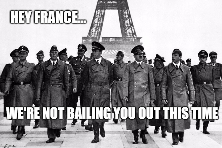 HEY FRANCE... WE'RE NOT BAILING YOU OUT THIS TIME | image tagged in hitler nazi paris | made w/ Imgflip meme maker