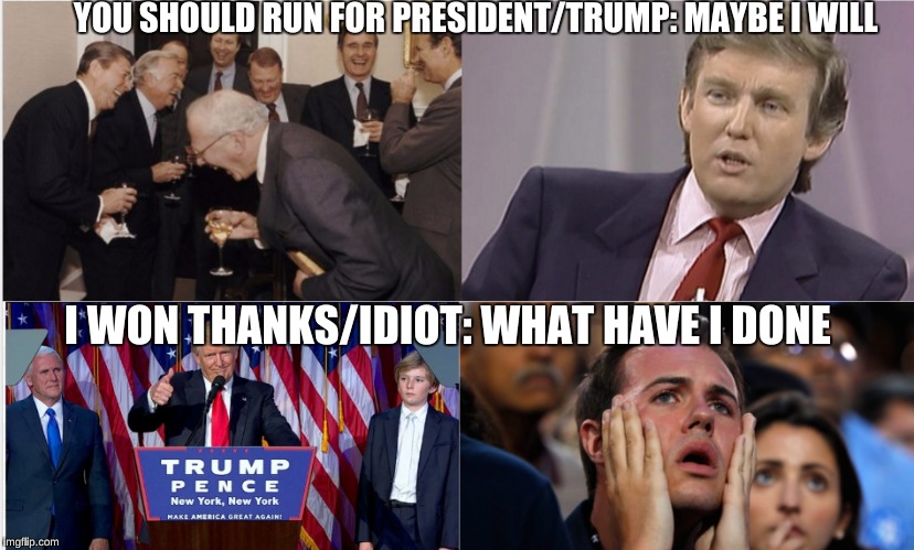 YOU SHOULD RUN FOR PRESIDENT/TRUMP: MAYBE I WILL; I WON THANKS/IDIOT: WHAT HAVE I DONE | image tagged in donald trump,funny,bad luck brian,chuck norris,10 guy,memes | made w/ Imgflip meme maker