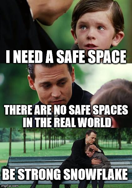 Finding Neverland | I NEED A SAFE SPACE; THERE ARE NO SAFE SPACES IN THE REAL WORLD; BE STRONG SNOWFLAKE | image tagged in memes,finding neverland | made w/ Imgflip meme maker