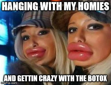 Duck Face Chicks Meme | HANGING WITH MY HOMIES; AND GETTIN CRAZY WITH THE BOTOX | image tagged in memes,duck face chicks | made w/ Imgflip meme maker